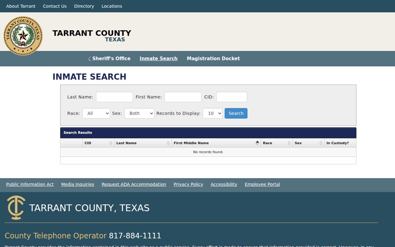 Grapevine residents directory Tarrant County inmate search page