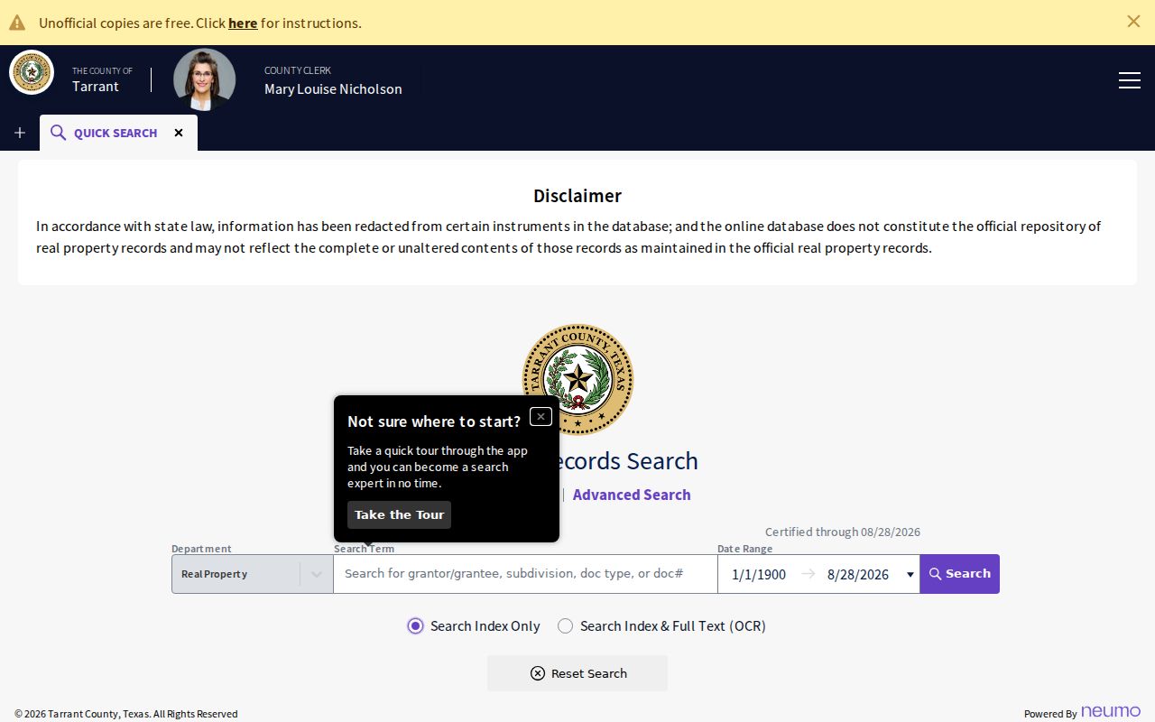Grapevine street directory route through Tarrant County Official Records search